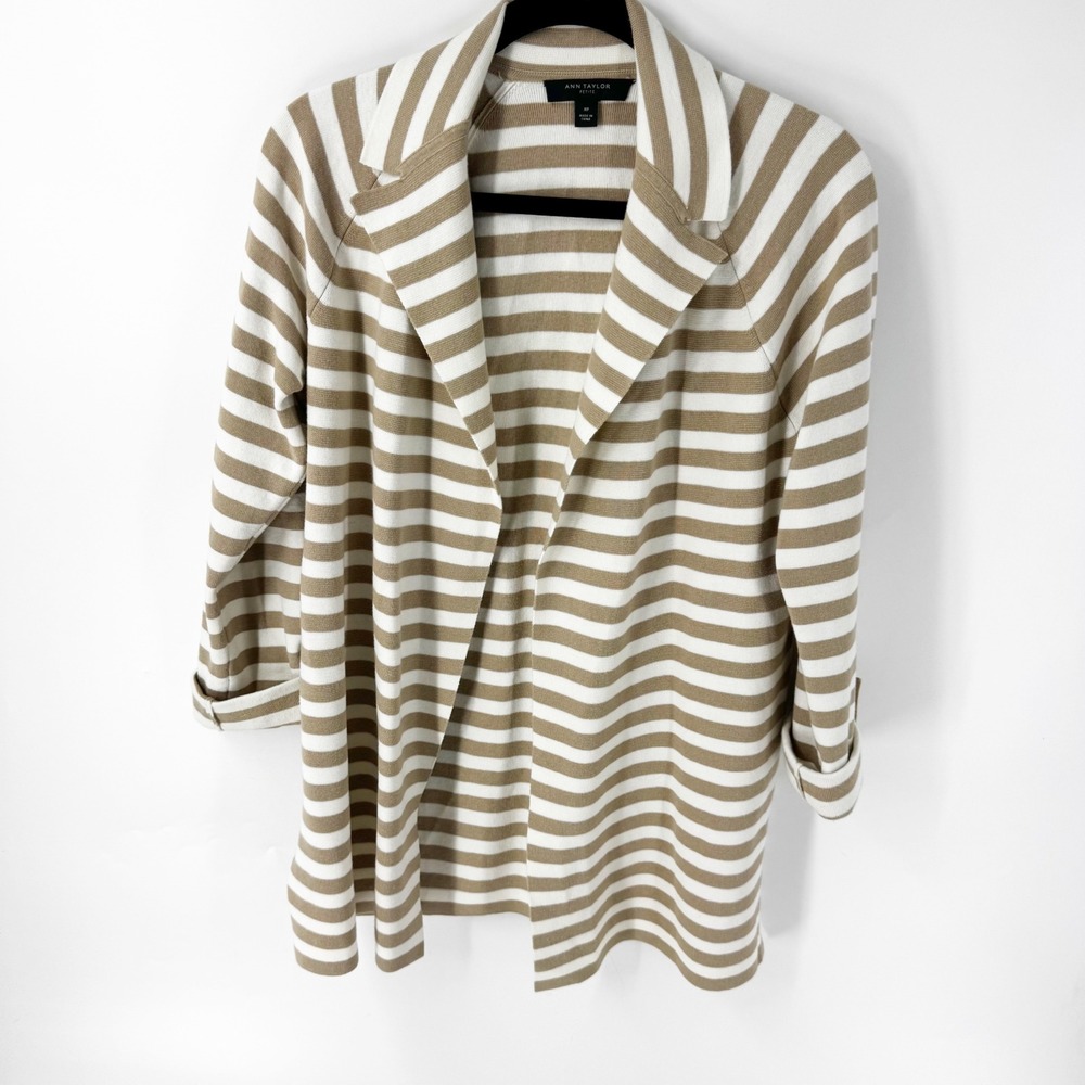 Ann‎ Taylor Petite Tan White Striped Knit Blazer Cardigan Open Front MP SP21
